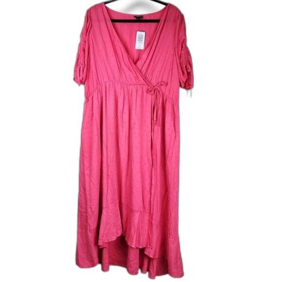 torrid Dresses & Skirts - Torrid Pink Midi Dress Faux Wrap Swiss Dot Surplice Ruched Plus Size 2 2X 18-20